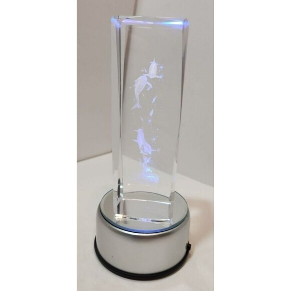 3D Laser Etched Dolphins Crystal Paperweight w/Lighting Base - Picture 4 of 16